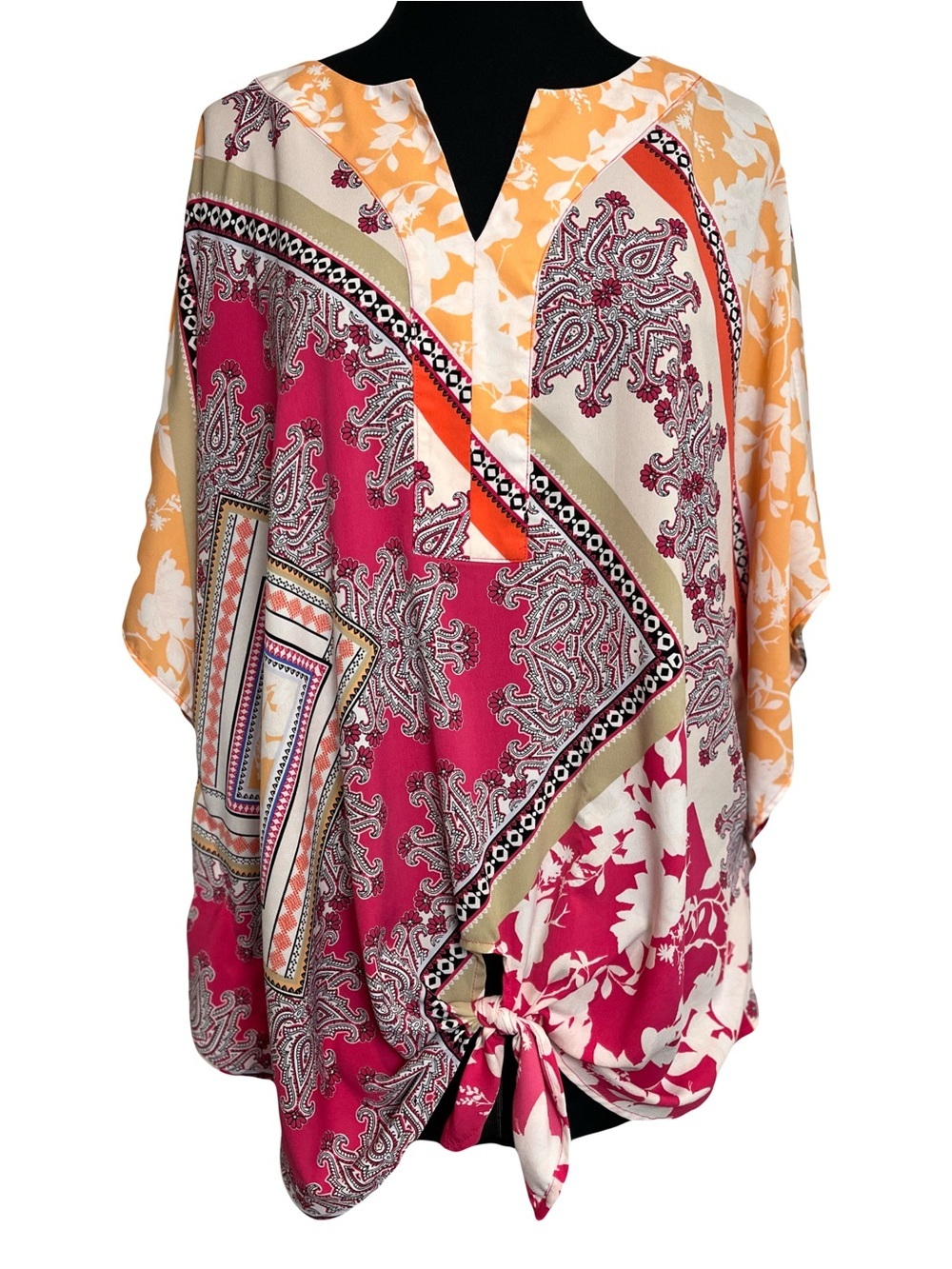 Chico’s | Boho Paisley Patchwork Print V-Neck Tie Front Poncho Top, Size 16/18